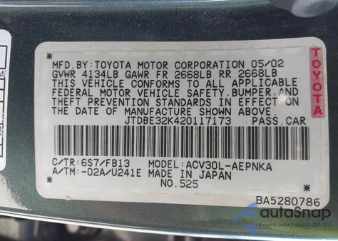 2002 Toyota Camry Le from USA, damaged, VIN JTDBE32K420117173